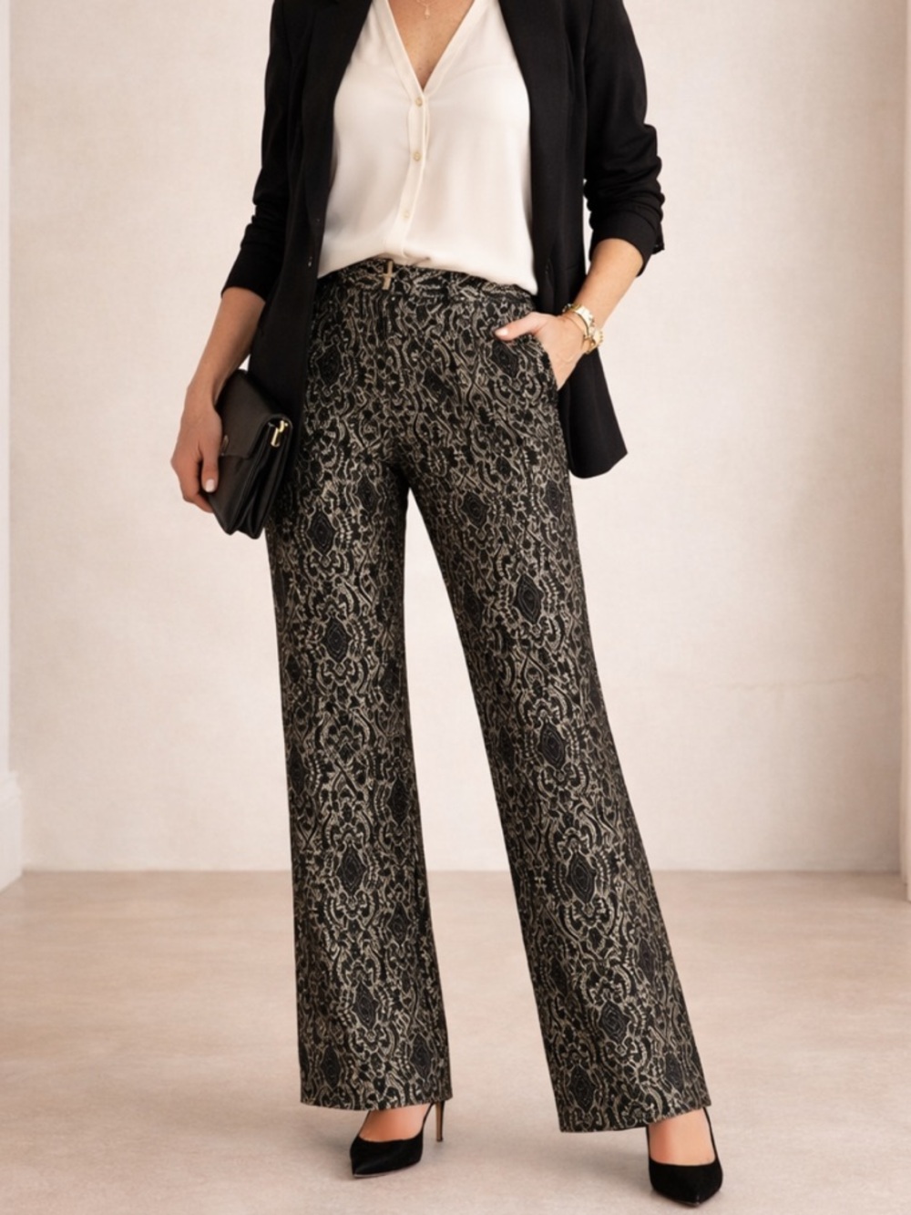 Signe Paris Y2k Metallic Brocade Wide Leg Pants Black Gold Elegant Size 10